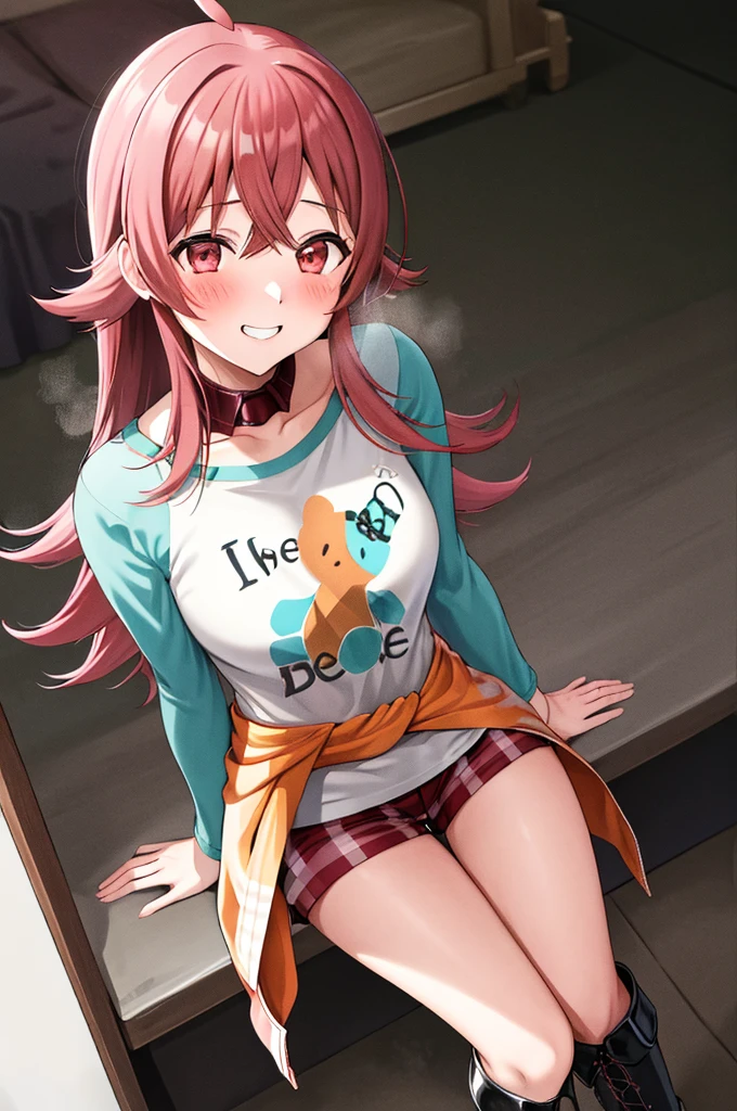 masutepiece, Best Quality, hight resolution, I, Long hair, Ahoge, clavicle, printed shirt, White shirt, raglan sleeves, clothes around waist, Plaid microshorts, Smile, Waving, Leaning back, Bad Woman、sadistic、Muchimuchi、clong legs、long legged、thighs thighs thighs thighs、Eyes pink、Grinning、Smile、is standing、Sweating:1.5), (steam:1.3), ((((blush))))),Absolute area、（black leather thigh boots）、a room、Hi-Res, 1girl in, ,},{{solo,Boyish 1 Girl}} is standing,,{18year old},and leather boots}Emphasis on the thighs、thighs thighs thighs thighs、clong legs、long legged、Boots longer than the thigh