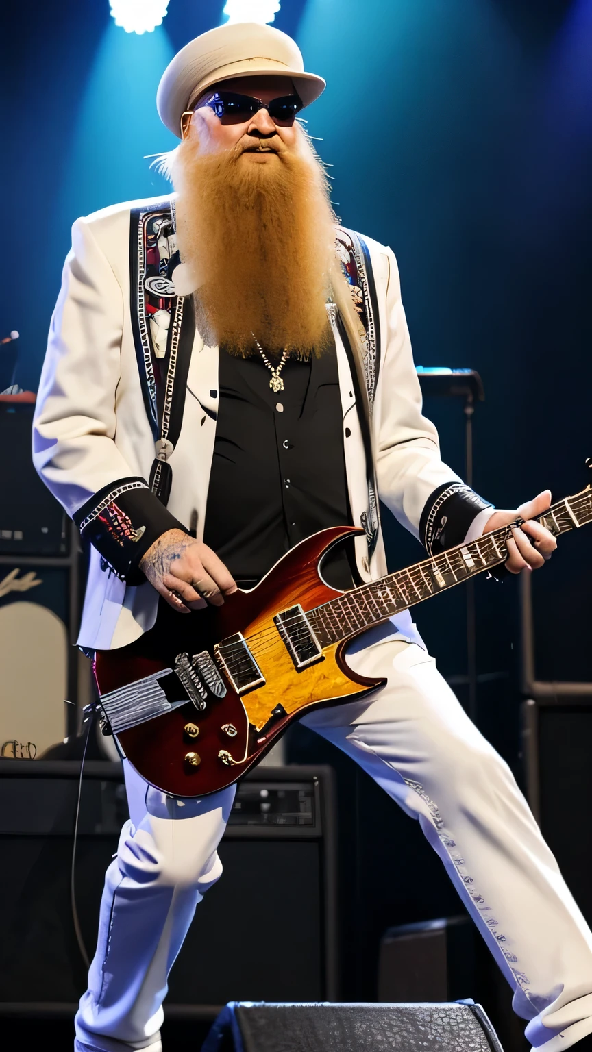 Billy Gibbons e Dusty Hill do ZZ Top, ON STAGE PLAYING ELETRIC GUITAR, STAND FULL BODY, WHITE JACKET,BLUE PENTS