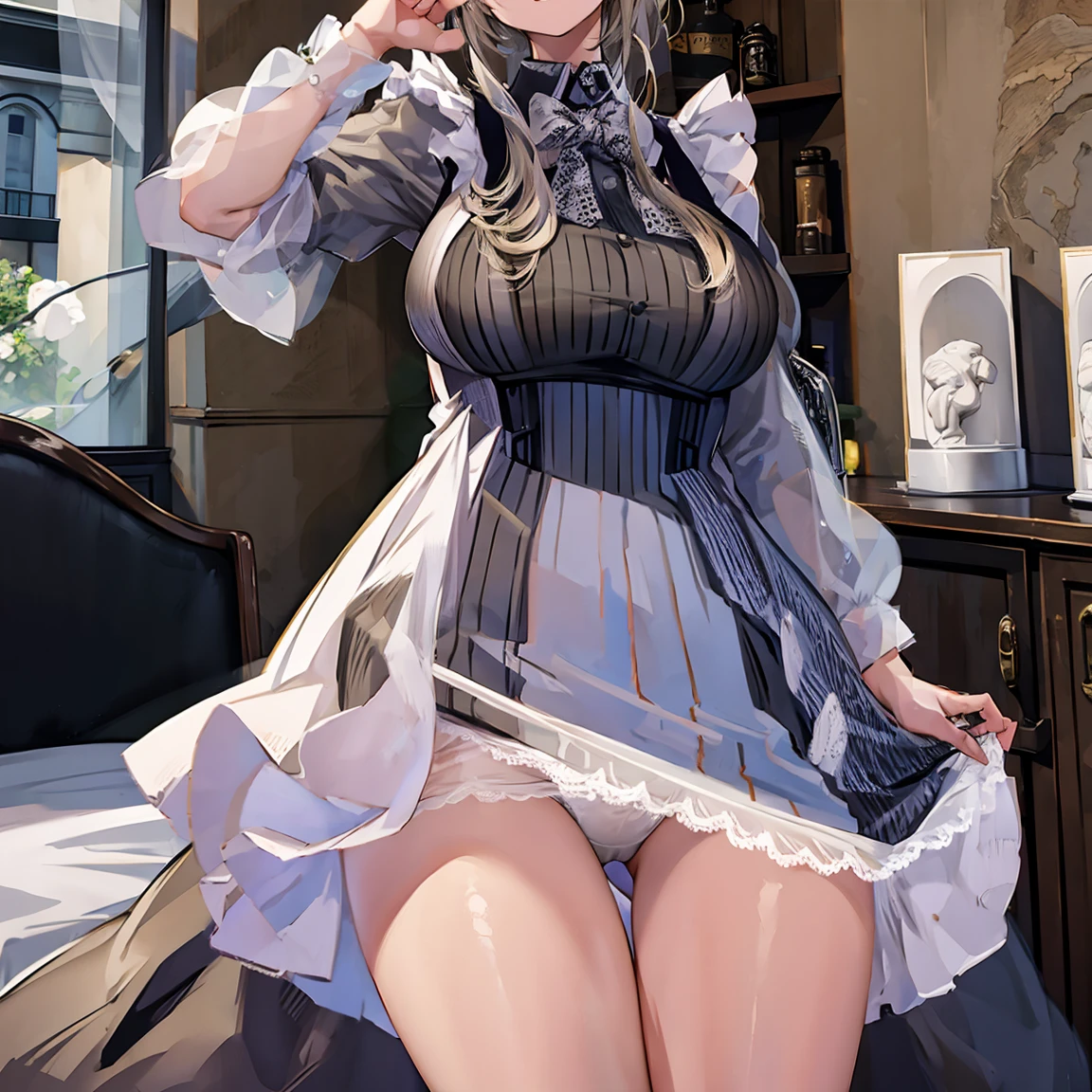 Slim woman wearing glasses、Show your underwear、Sheer lace underwear、Long maid outfit、Ade(dude)、smile、Bedroom