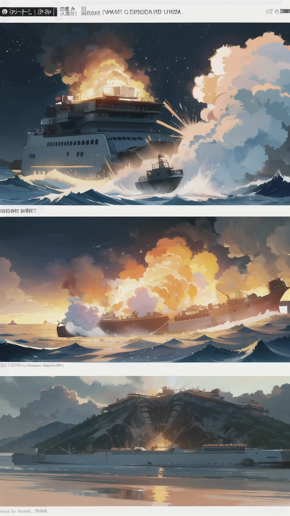 Tragedy at Sea: The Sewol Ferry Description of the World / Setting during the disaster, with crucial areas such as the main deck, the engine room and evacuation areas. The atmosphere is chaotic, with smoke, water and confusion everywhere.