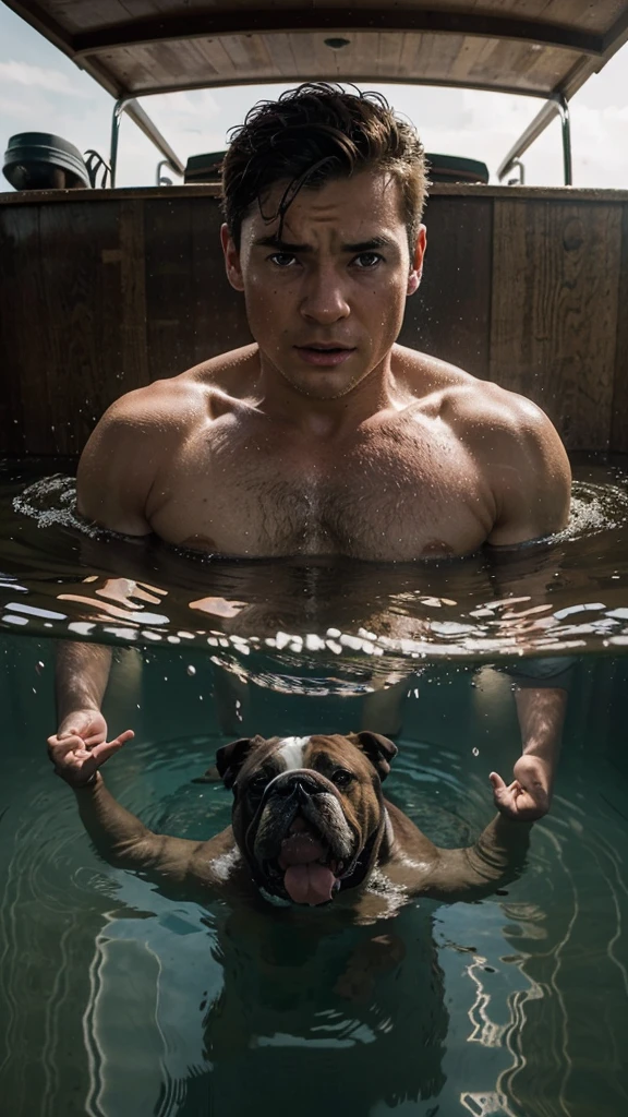 create an image of 8 year old John falling into the deep lake and his Bulldog looking scared