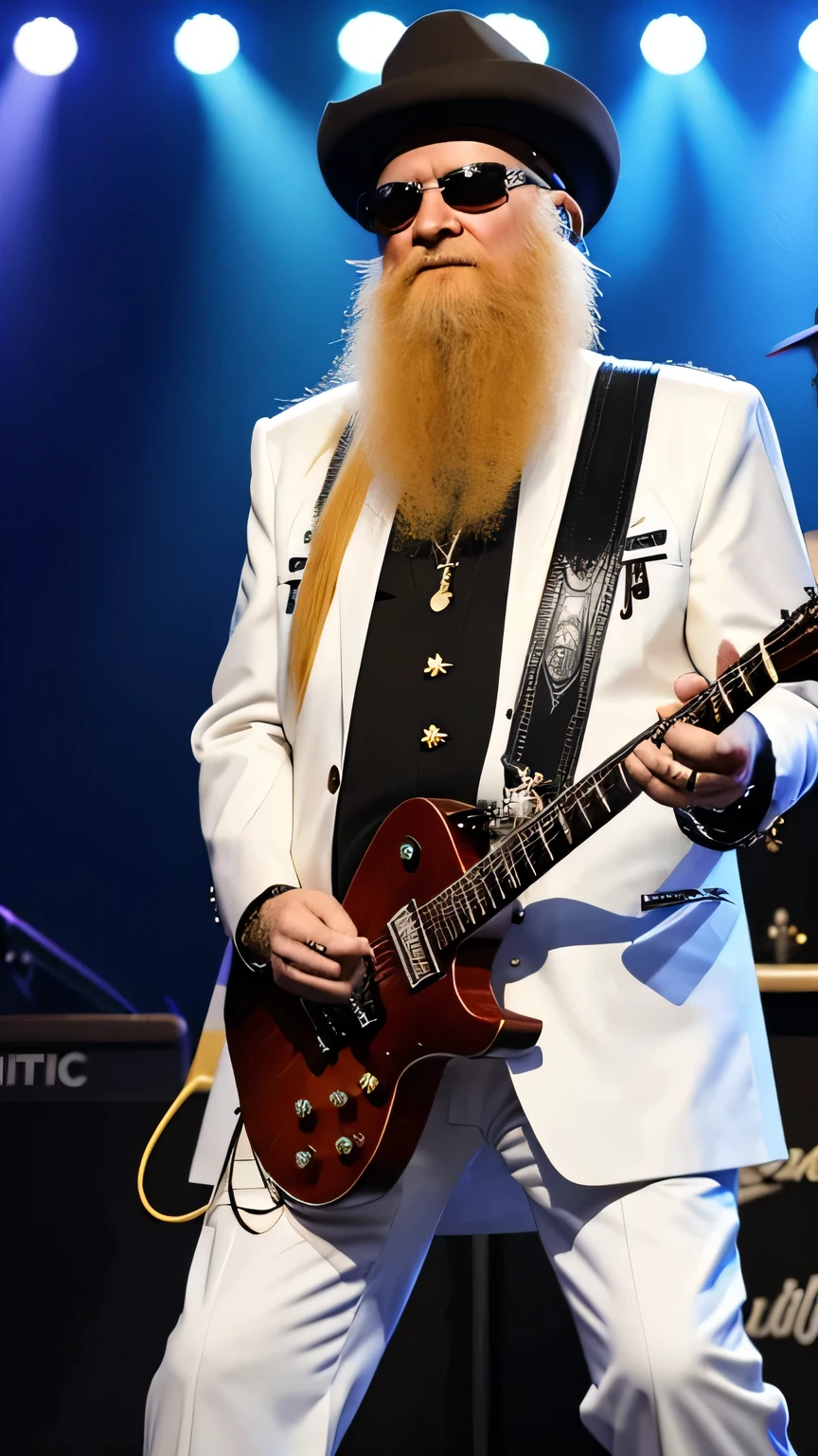 Billy Gibbons e Dusty Hill do ZZ Top, ON STAGE PLAYING ELETRIC GUITAR, STAND FULL BODY, WHITE JACKET,BLUE PENTS