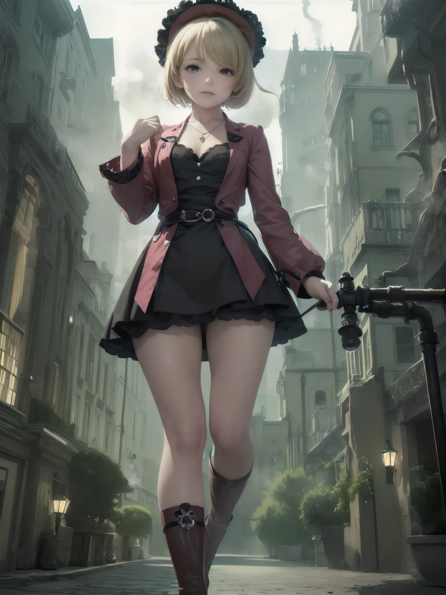 (masterpiece:1.2), (Highest quality:1.2), Ultra-high resolution, Very detailed, break, ((Anime girl standing with happiness in her hands)), Clear Girl, (1 person,Lolita,boyish, , 6 years old:1.3), A light smile, , girl who looks like a boy, Bob cut hair, ((Blonde Hair)), Messy Hair, A super-sized chest overflowing with soft fat masses、Waistline、Slender body, Small Ass, Small green eyes,Fine and beautiful eyes, Well-proportioned iris and pupil, Expressive eyes, Beautiful and detailed lips, High resolution detailed hair, Perfect Eyes, Perfect Face, ultra high density skin, Full Finger, Perfect lighting, break, ((Light green necklace)), ((Black and red luxury dress:1.3)), light green tie, Sparkling Sapphire, Lady, Wear white gloves, break, (steampunk), Castle balcony, Skyscraper, Night view, Equipment, pipe, (Steam spewing out from pipes:1.2), Fantasy, break, ((Positive:1.3)), break, Digital anime art,Anime style illustrations,Anime illustration
