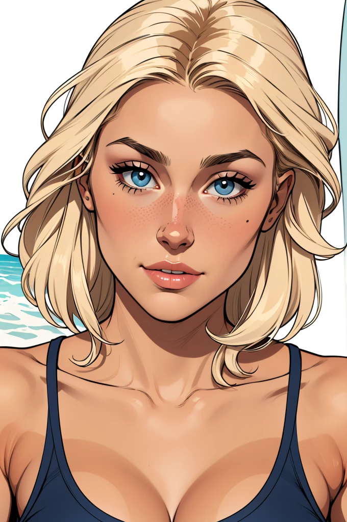 Flat colors, close up, portrait of a 25 year old surfer looking girl, tan skin, beach blonde salty hair, natural beaty, beautiful, casual, see thru tank top, Cleavage simply white background