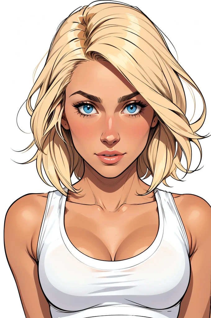 Flat colors, close up, portrait of a 25 year old surfer looking girl, tan skin, beach blonde salty hair, natural beaty, beautiful, casual, see thru tank top, Cleavage simply white background 