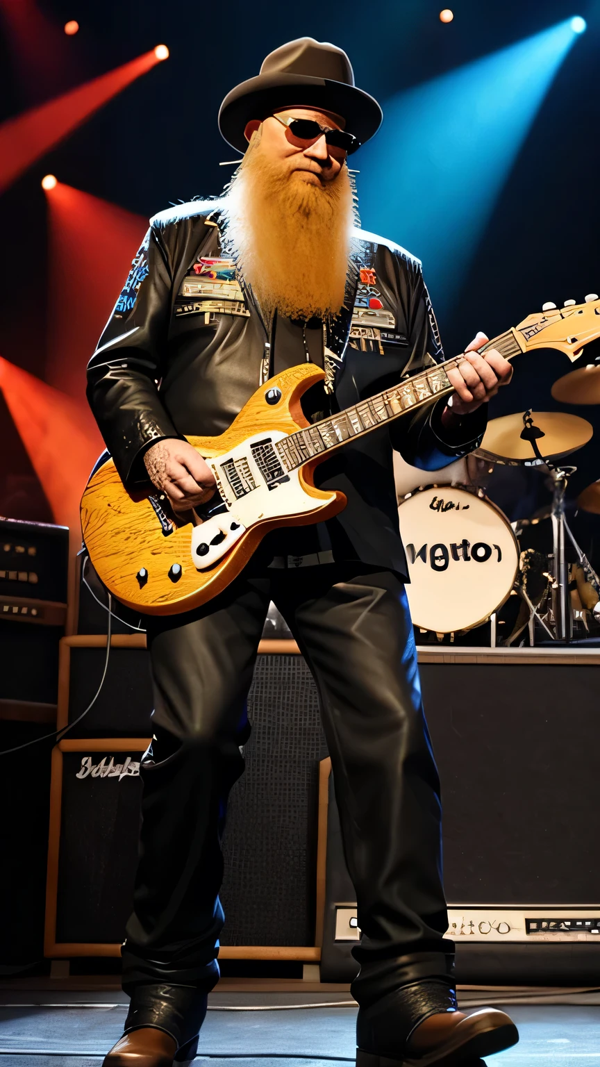 Billy Gibbons e Dusty Hill do ZZ Top, ON STAGE PLAYING ELETRIC GUITAR, STAND FULL BODY,GOLDO METALIC JACKET,WHYTE PENTS