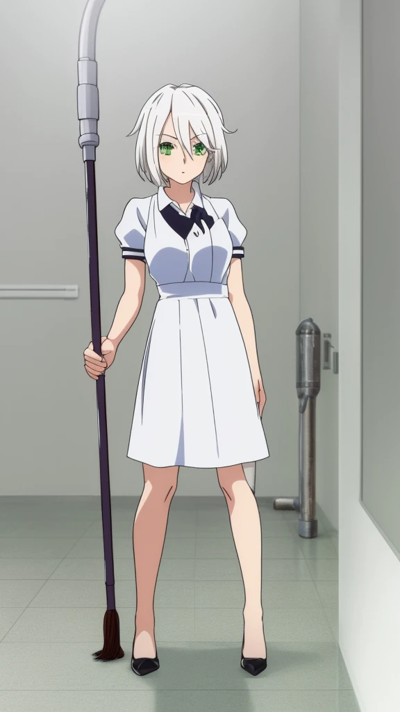 
a 24-year-old anime girl with white hair and green eyes wearing a janitor's dress and high heels