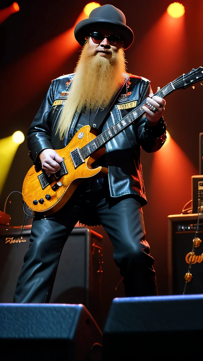 Billy Gibbons e Dusty Hill do ZZ Top, ON STAGE PLAYING ELETRIC GUITAR, STAND FULL BODY,GOLDO METALIC JACKET,WHYTE PENTS