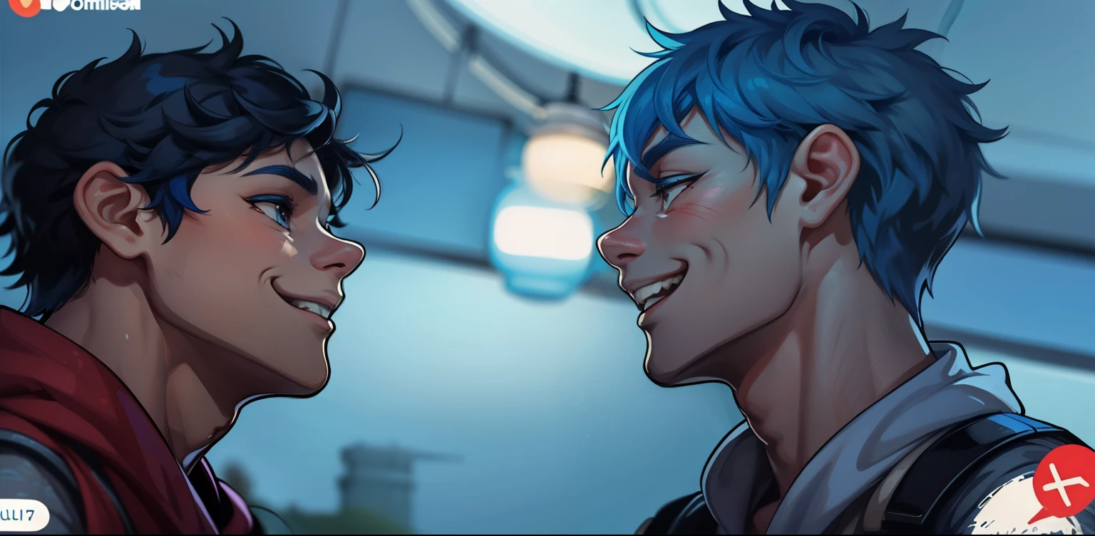 There are two boys with blue hair, they love each other, they smile with joy.