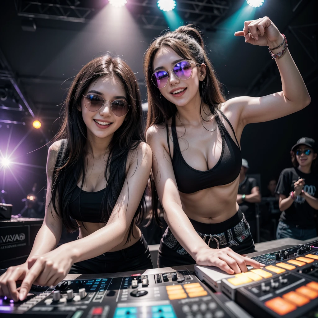 Two 25 year old DJ friends, happy, with sunglasses, putting sound at a rave