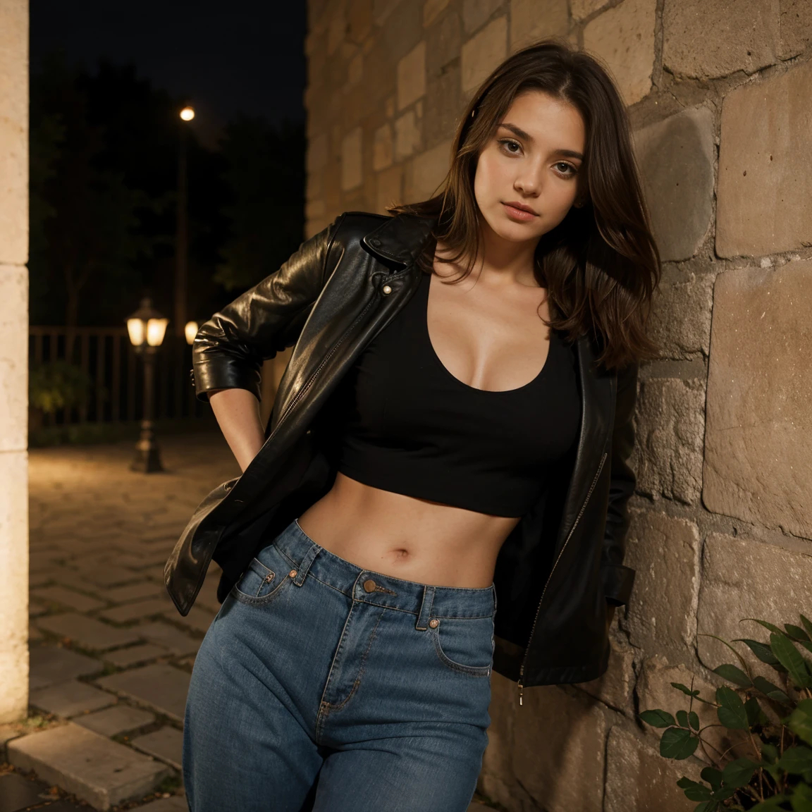 Lucie dehors dans la nuit qui caresse un chat avec une veste en cuir et crop top, sexy girl, grosse poitrine