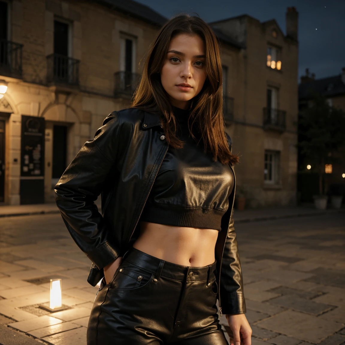 Lucie dehors dans la nuit qui caresse un chat avec une veste en cuir et crop top, sexy girl, grosse poitrine