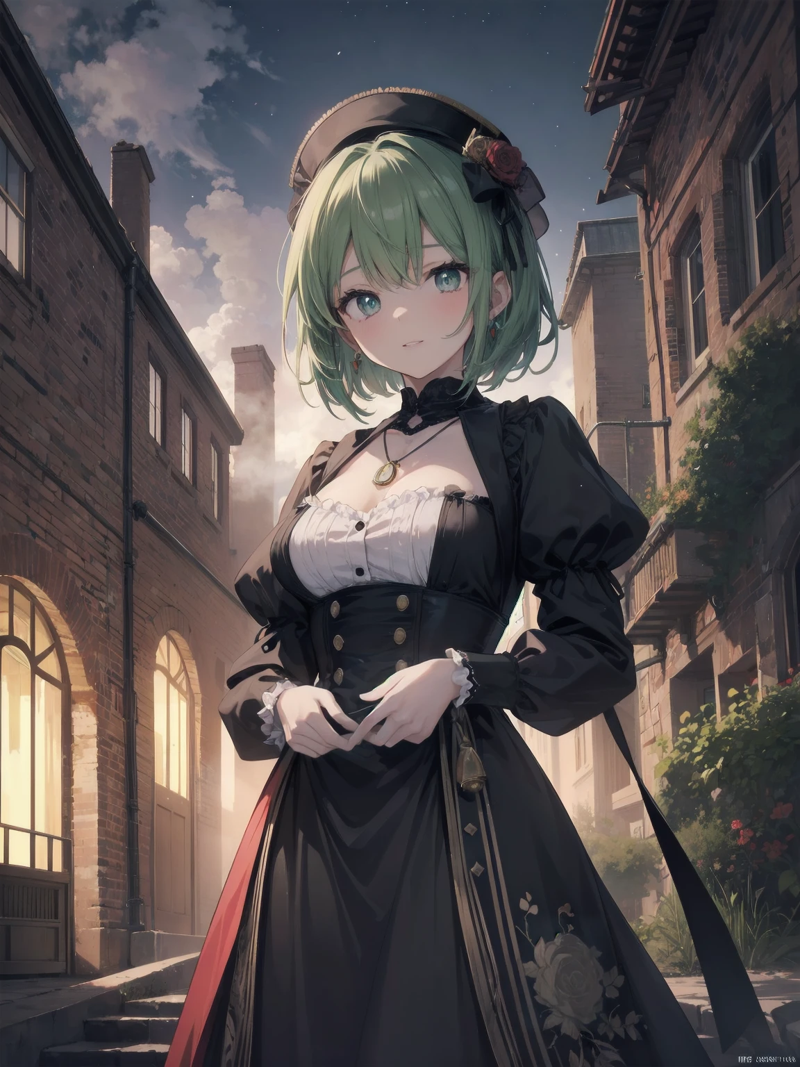 (Masterpiece:1.2), (Top quality: 1.2), Super high resolution, Very detailed,. 
BREAK.
, ((Anime girl standing with happiness in her hands)), Crazy girl, (1,Lolita,Boyish, , 12 years old: 1.3), Light smile, , Girl looking like a boy, Bob-cut hair, Shaggy hair, Very large breasts, nubile, slender body, overflowing with soft fat mass. Small hips, Vertically large eyes, Fine and beautiful eyes, Well-proportioned irises and pupils, Expressive eyes, Beautifully detailed lips, High resolution detailed hair, Perfect eyes, Perfect face, Super dense skin, Full fingers, Perfect lighting,.
 BREAK,. 
((light green necklace)), ((black and red fine dress: 1.3)), light green tie, shining sapphire, lady, wearing white gloves,. 
BREAK.
, (Steampunk), Castle balcony, Skyscraper, Night view, Equipment, Ancient ruins, Tradition, Overwhelming, Magnificent, Steam, Pipes, (Steam spewing out from pipes:1.2), Fantasy, Victorian other world, Early 19th century, Road, trees, clouds, night sky, shading, effects, detail. Masterpiece background,
BREAK.
((Positive: 1.3)),. 
BREAK.
, digital animated art, cartoon-style illustrations, cartoon illustrations
