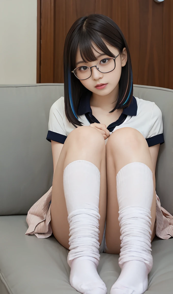 loose socks、Sitting on the sofa、ponytail、Gradient Color Hair、Tying up hair、Multicolored Hair、squint、Messy Hair、Blunt bangs cut、Pleated skirt、Black Shirt、Striped Hair、Messy Hair、Sloppy、squint、Drunk、( fool / Sexual Ecstasy)、Glasses、Highest quality, Realistic, Super delicate illustration, Beautiful and attractive girl, Slender body, Tied Hair, One Girl, Girl Photos, Full Body Shot, Beautiful Blue Eyes, 