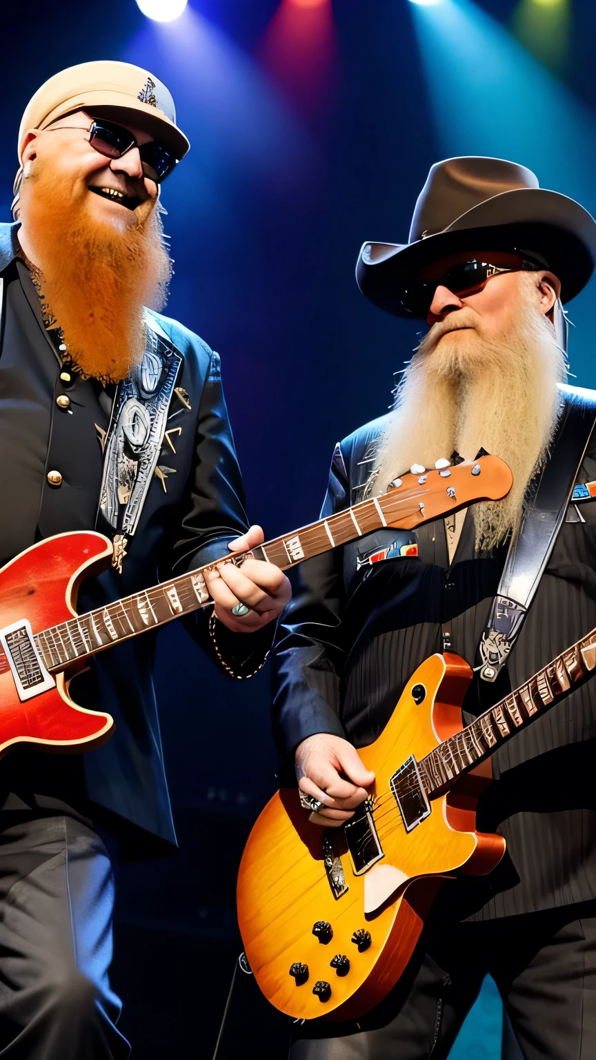 Billy Gibbons e Dusty Hill do ZZ Top, ON STAGE PLAYING ELETRIC GUITAR, STAND FULL BODY,MULTI COLOR JACKET,WHYTE PENTS