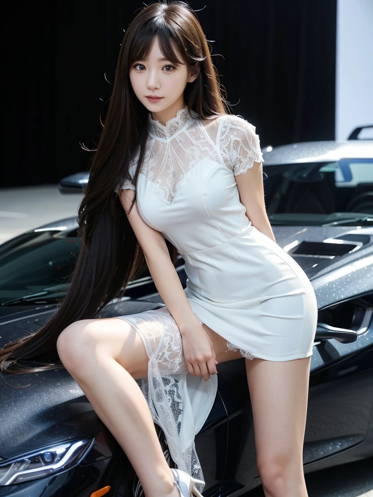 motor Show、companion、Sheer lace dress、(Highest quality)、((Very detailed))、4K、(8K)、masterpiece、Very detailedな、Highest quality、Super Resolution、1 person、Kind Face、Soft Light、RAW quality、Soft Skin、163cm、30 years old、Thighs、Heel、sports car、White Venue