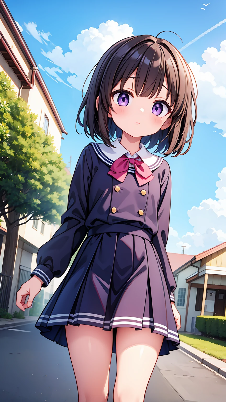 (High quality), (masterpiece), (very detailed), girl, (very small bust), short brown hair, purple eyes, shy face, (primary school loli), showing her thighs, on the school yard, sunny, camera angle from below, adorable eyes, (primar school uniform)
