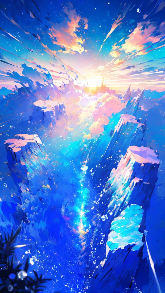 -scenery, 1girl, sky, Star (sky), Highest Resolution、鈴、Sunlight from above, Morning, solo,Fine starry sky、 city lights, Starry sky, Fine bubbles、night sky, bubble, watercraft, outdoors, short hair, ocean, Big cloud,coloured glaze,