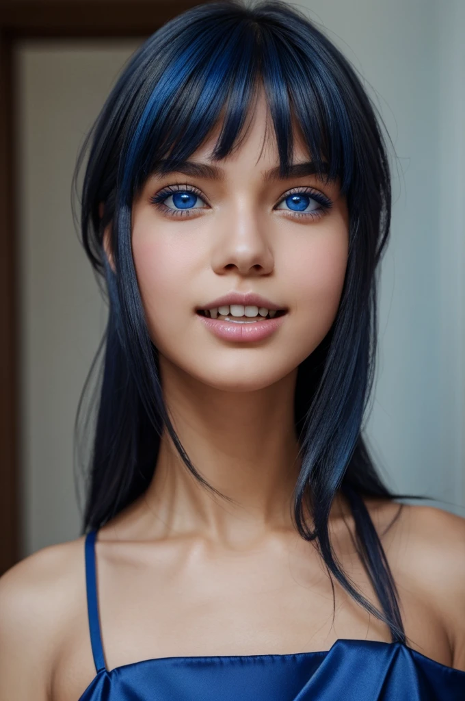 She is a girl. She has light blue skin., dark blue shoulder length hair, sapphire blue eyes and buck teeth.