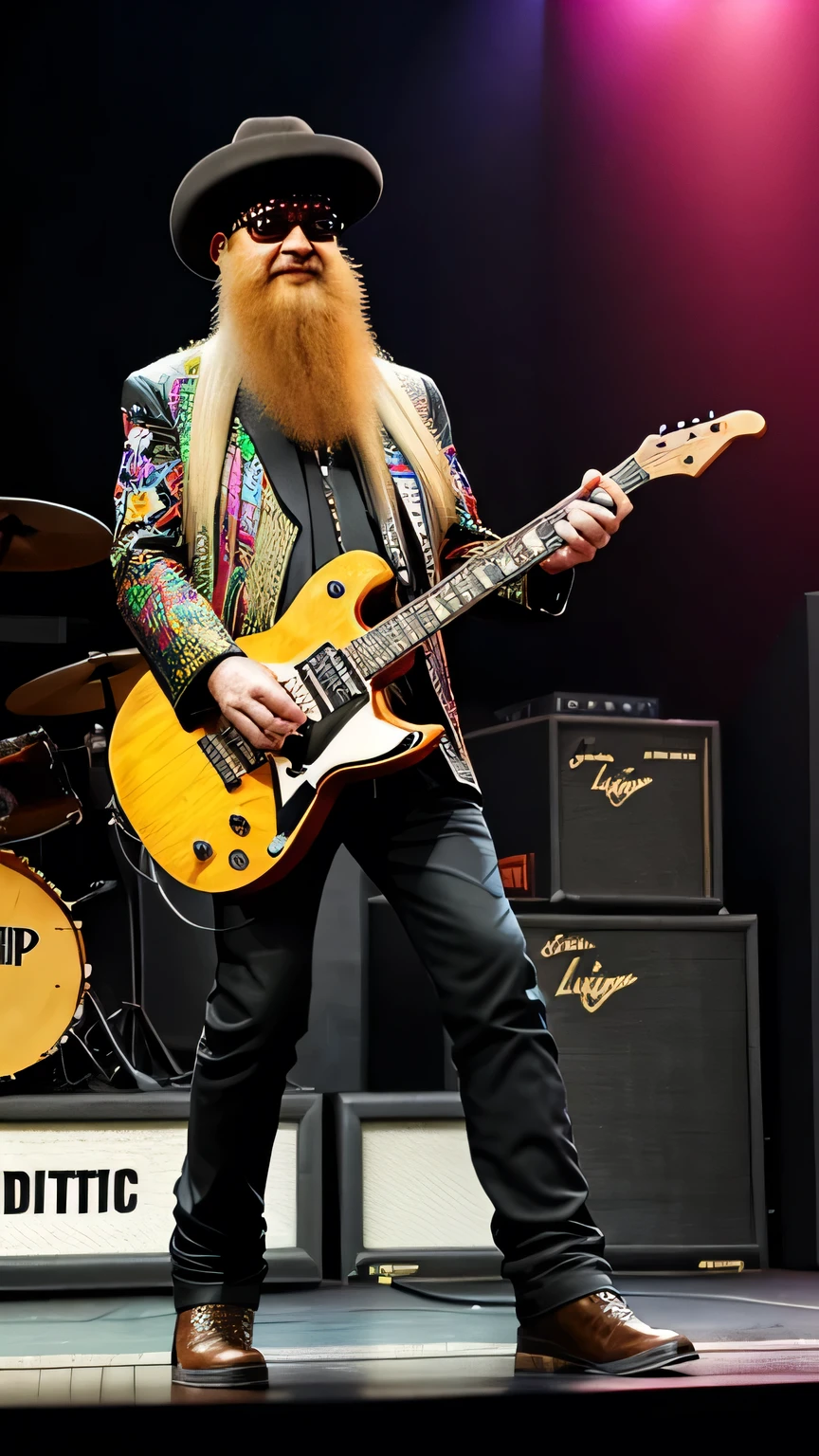 Billy Gibbons e Dusty Hill do ZZ Top, ON STAGE PLAYING ELETRIC GUITAR, STAND FULL BODY,MULTI COLOR JACKET,WHYTE PENTS