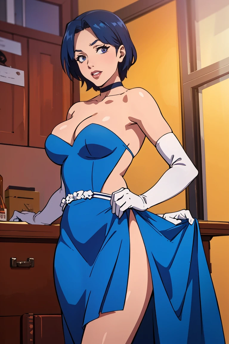 JUVIAGMG, blue hair ,blue dress, long dress, strapless dress, backless dress, long white elbow gloves, smile, light red lipstick, dark purple eye shadow, makeup, black choker, cowboy shot