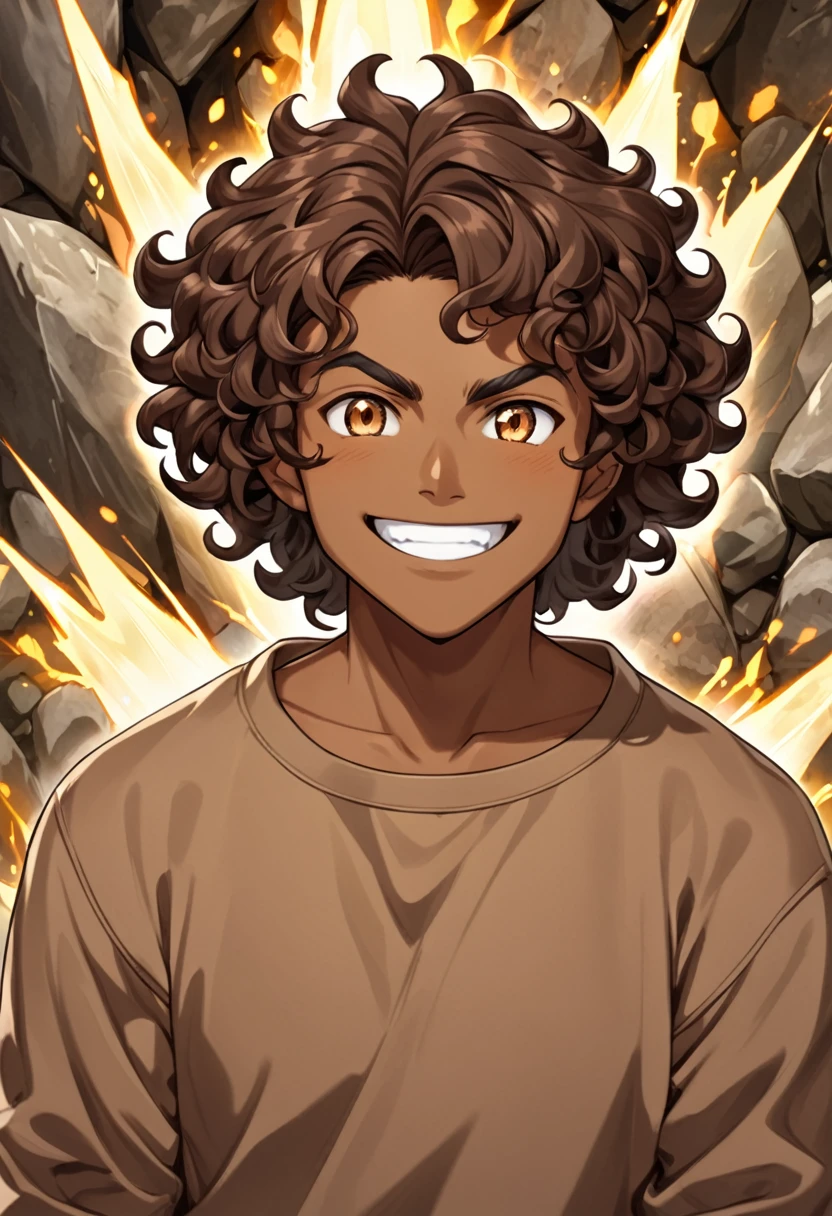 naughty man, dark-skinned, brown curly hair, brown sweatshirt, eyes browns, Grinning, stone elemental power.
