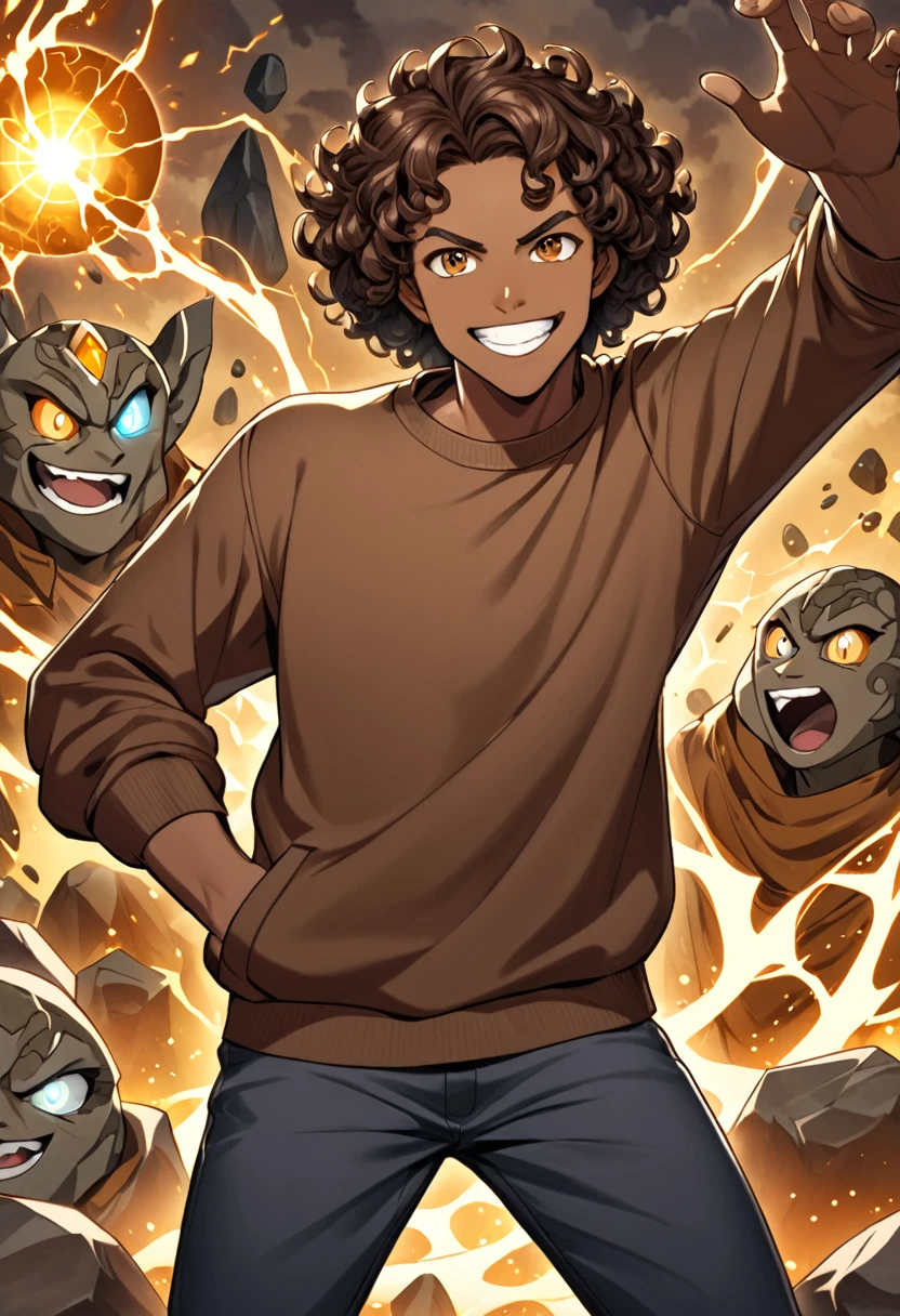 naughty man, dark-skinned, brown curly hair, brown sweatshirt, eyes browns, Grinning, stone elemental power.