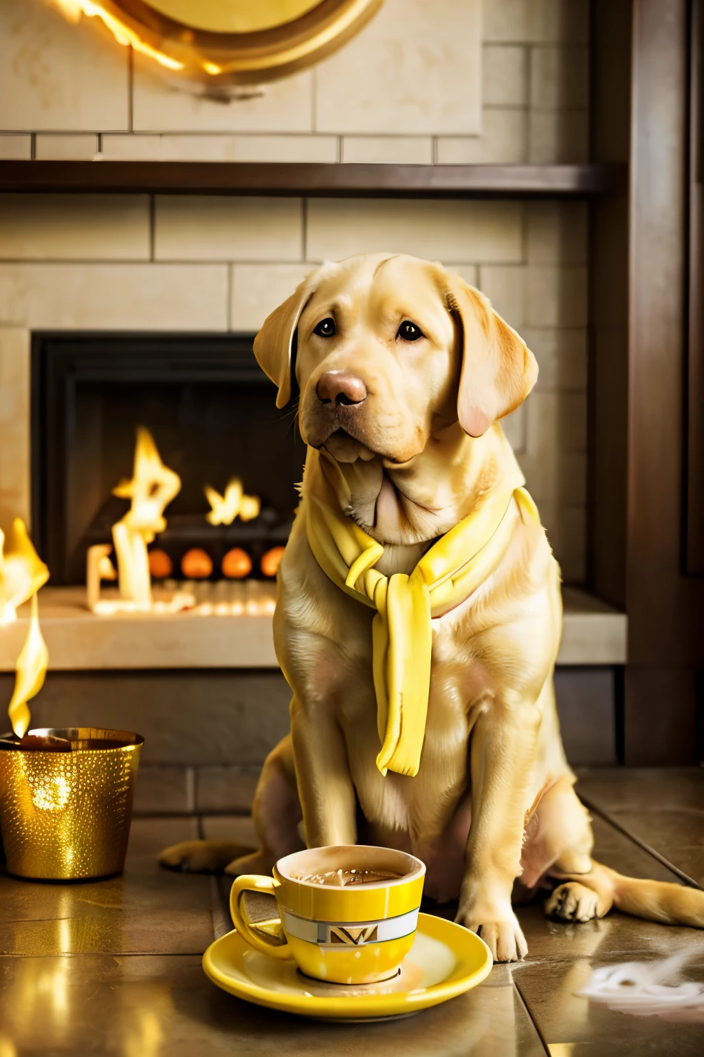 best quality:1.23), (masterpiece:1.12), (realistic:1.24), (yellow lab dog:1.5) holding a coffee cup, sitting, in a robe, eating breakfast and holding a coffee cup,scarf, particles, volumetric lighting, fireplace in background , smoke, (flames all around:1.2),