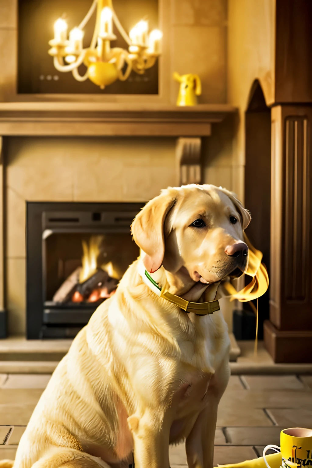 best quality:1.23), (masterpiece:1.12), (realistic:1.24), (yellow lab dog:1.5) holding a coffee cup, sitting, in a robe, eating breakfast and holding a coffee cup,scarf, particles, volumetric lighting, fireplace in background , smoke, (flames all around:1.2),