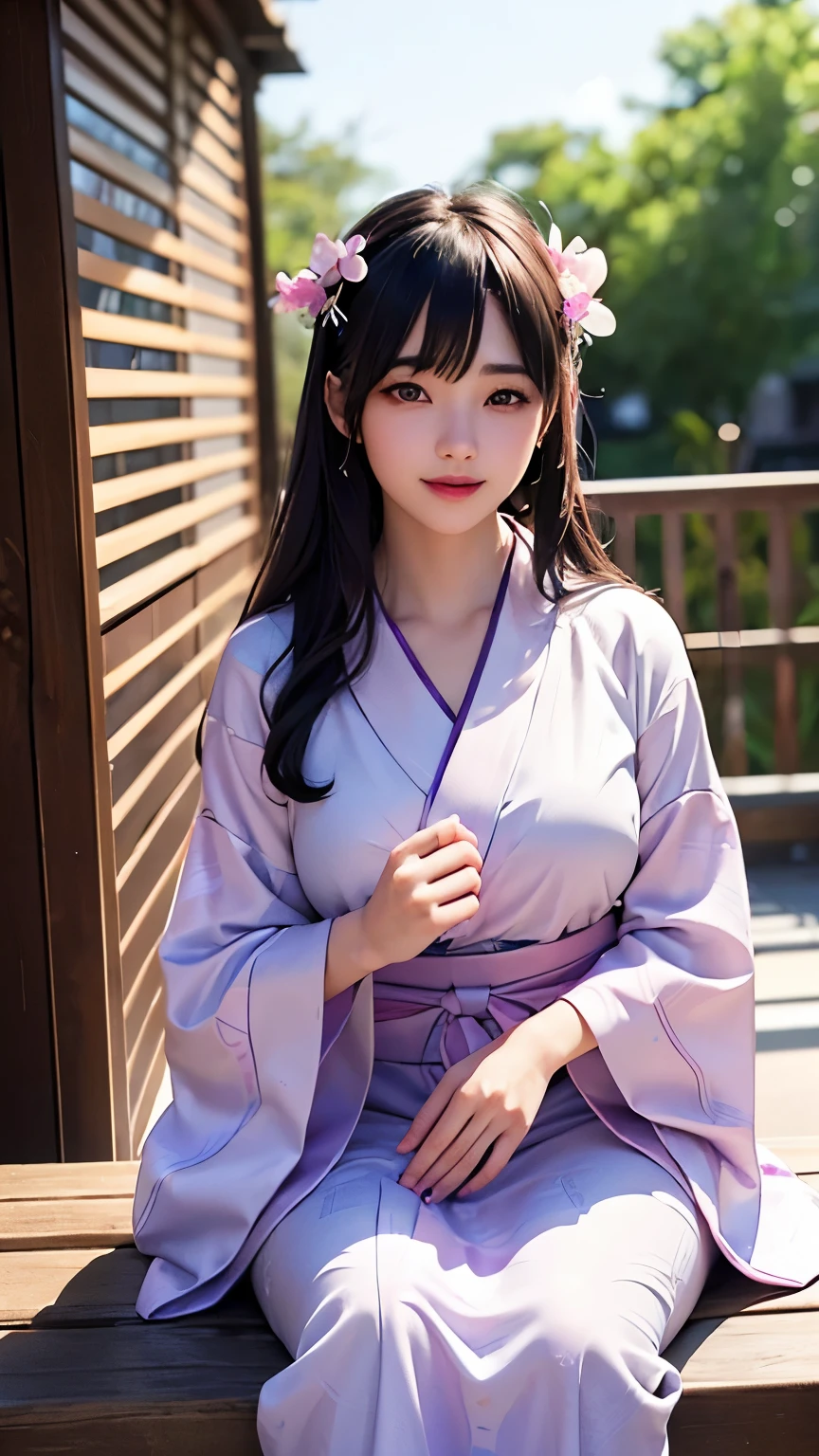(logo、masterpiece、8K、Tabletop、RAW Photos、wonderful、最high quality、フォトリアリスティックでVery detailedな CG 複合 8K 壁紙、high quality、Very detailed、Narrative poem、Particle Effects、Dynamic Effects、Depth of the Boundary、Cinematic Light、Lens flare、Ray Tracing)、 (One beautiful woman wearing a yukata、White yukata、Light purple pattern)、Black-haired、High definition skin、Very fine、Fine skin texture、Beautiful Face、True Face、Beautiful details in the eyes、Realistic eyes、Beautifully detailed eyes、Realistic Skin、Beautiful Skin、Surreal、Smiling Eyes、Hair and light eyes、vivid、Colorful lights and bokeh、plump lower lip、Pink Lips、Hair flutters in Wind、Hair bounces、wonderful景色、night、evening、Wind、moonlight、moonlight、light
