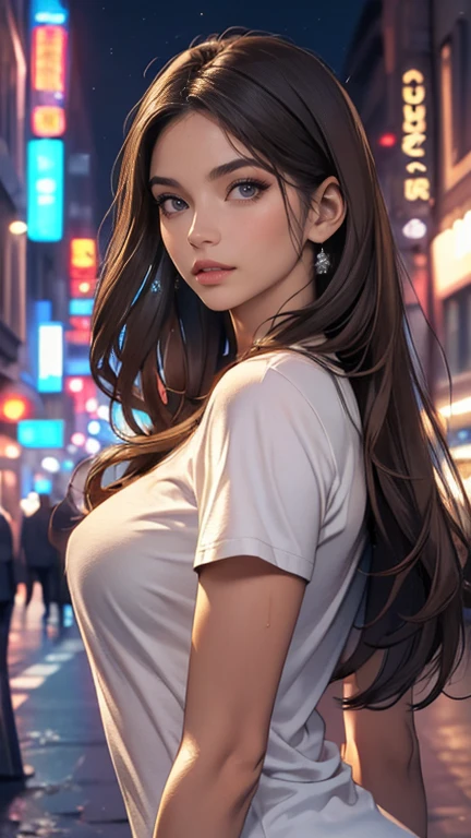 (best qualityer, high resolution, work of art :1.3), a pretty woman, slender figure, dark brown hair, t - shirt, (city street at night), Highly detailed texture of face and skin, detailedeyes, double eyelid
