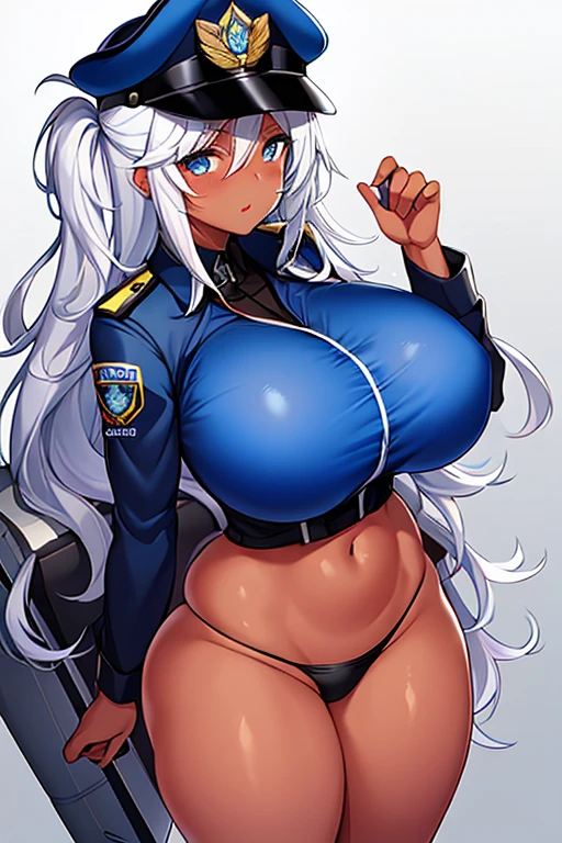 1girl, police, police uniform, police hat, policewoman, dark skin, dark-skinned female, blue eyes, white hair, long hair, huge breasts, thick thighs, bikini, black bikini, beach, shy, timid, wavy mouth, mature female, milf, hourglass figure