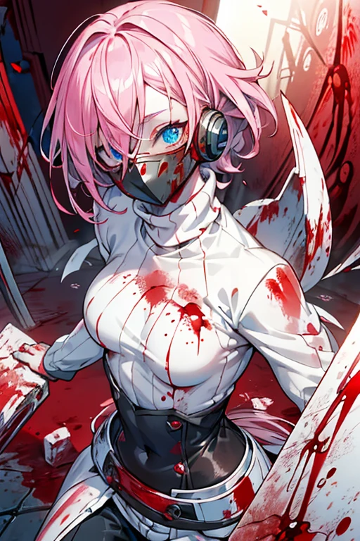 ((best qualityer)), ((work of art)), (detailded), 1 girl, ombro to ombro sweater, long light pink hair,light blue eyes, ((flat breasts)), psycho smile,((stained with blood)), ((Face covered in blood)),roupa stained with blood