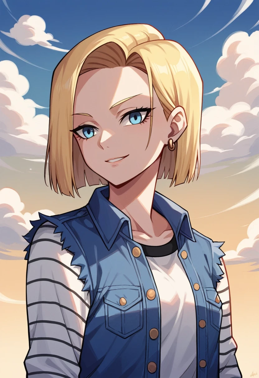 1 girl, Solitary, Android 18, Blonde Hair, blue eyes, short hair, Jewelry, earrings, Smile, jacket, Look to the side, denim, denim jacket, Upper Body, underwear, Shut up, cloud, sky空, sky, Looking elsewhere, blue sky空, collarb,