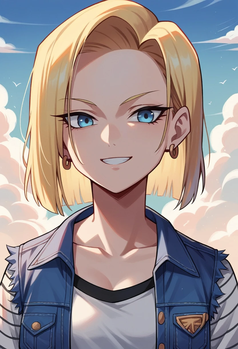 1 girl, Solitary, Android 18, Blonde Hair, blue eyes, short hair, Jewelry, earrings, Smile, jacket, Look to the side, denim, denim jacket, Upper Body, underwear, Shut up, cloud, sky空, sky, Looking elsewhere, blue sky空, collarb,