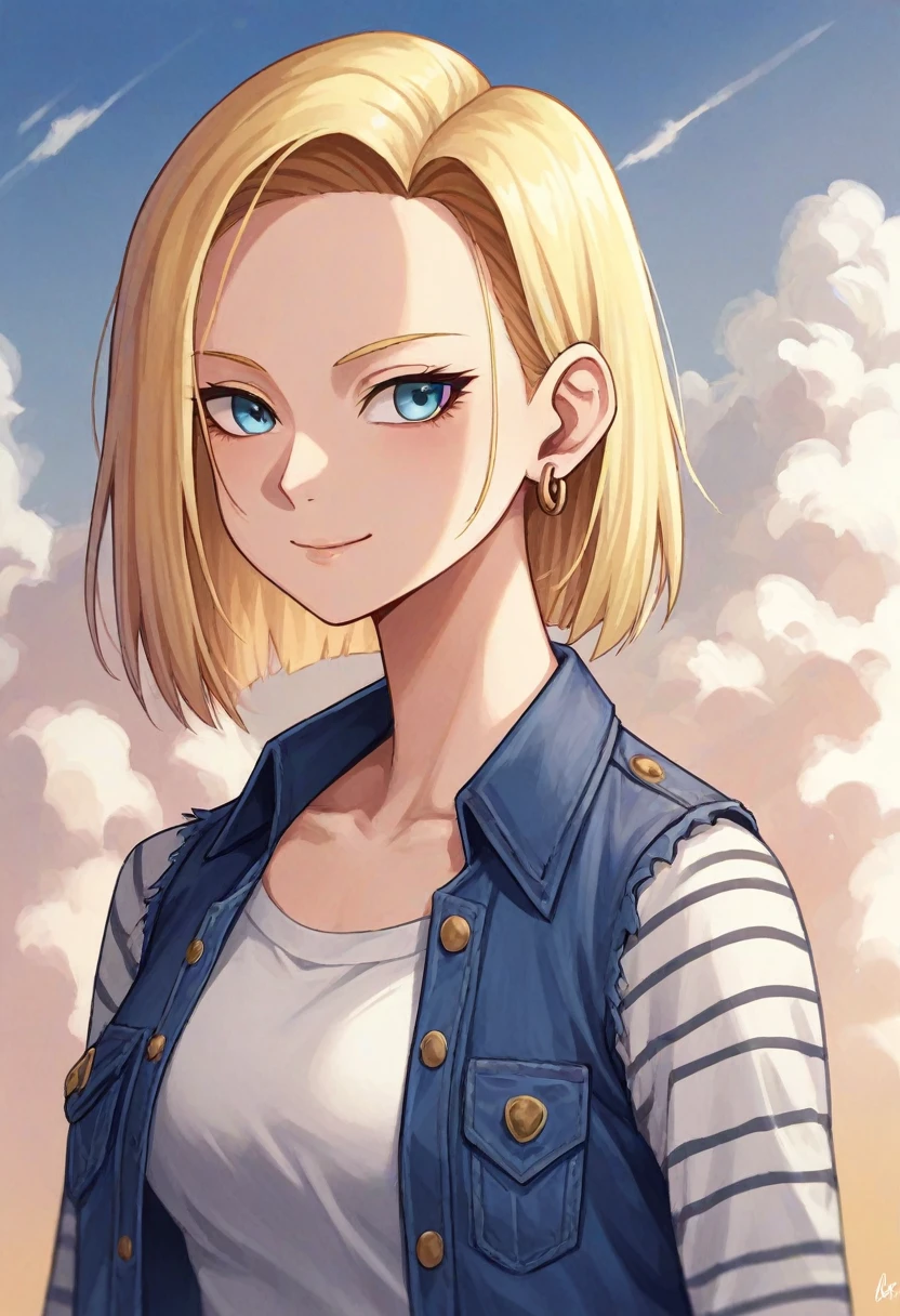 1 girl, Solitary, Android 18, Blonde Hair, blue eyes, short hair, Jewelry, earrings, Smile, jacket, Look to the side, denim, denim jacket, Upper Body, underwear, Shut up, cloud, sky空, sky, Looking elsewhere, blue sky空, collarb,