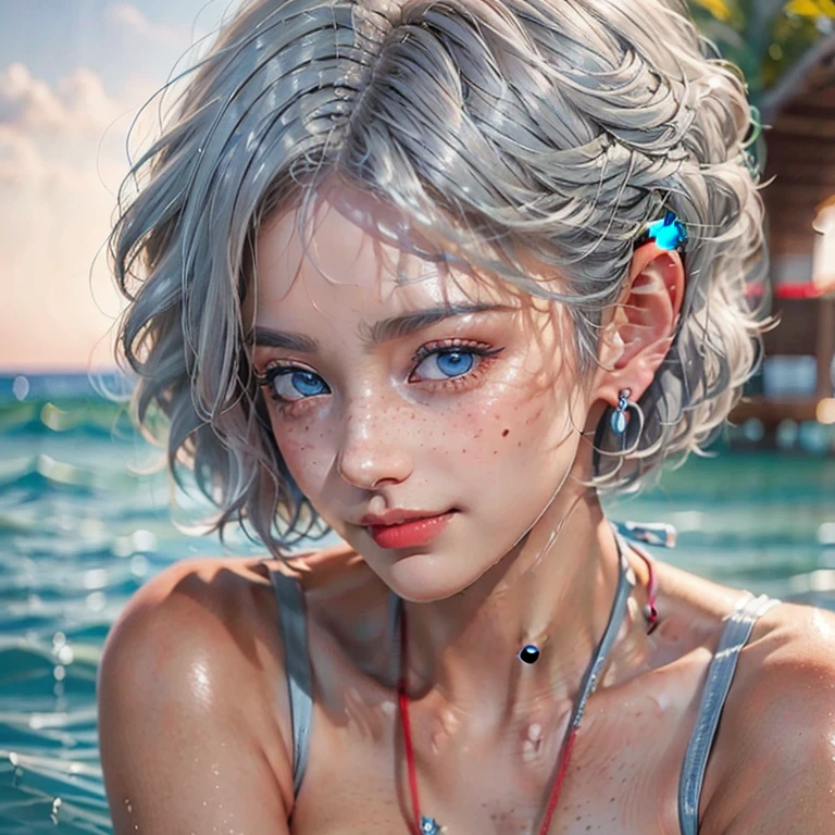 ((masterpiece)), ((best quality)), ((extremely detailed)), (8K), a beautiful woman, ((Realistic)), ((gray hair)), (short bob cut:1.5), ((hair in 7 thirds)), ((light blue eyes)), detailed skin, freckled skin, 20 years old, ((wavy hair)), ((hair over one ear)), ((Forehead)), (((1girl, solo))),　Detailed face, 