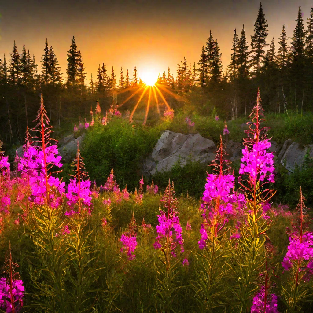(masterpiece, best quality:1.2), Fireweed, field, grass, forest, sky, trees, sun, cold weather, flowers
