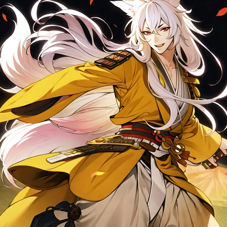 (masterpiece, best quality:1.2), 1male, solo, kogitsunemaru, touken ranbu, yellow clothes, japanes clothes red eyes, long white hair, fox ears, perfect anatomy