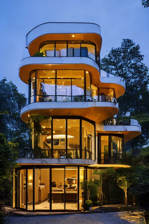 3D render of A modern hotel building with white metal exterior walls, 3 floors and an apartment complex on the first floor. WINDOWS IN ARCH FORM, ARTISTIC STYLISH CURLING WALL LINE. the house exudes a faint light, the picture is mysterious and dreamy, the background fog shrouded in with green trees around it, in a Vietnam city street. The house looks like a fairy tale, with a large porch to sit and drink tea with wooden panels and LED lights. The simple design features a white and dark grey color marble cladding scheme with big windows on the first floor and a small balcony above it with green plants. The front view shows a high house. Ground floor full glass door, The main door is made of art glass, the windows are large and the ceiling is made of glass. The house turns on the outside lights, The hall has black stone steps with bright LED lights under the steps. The roadbed background with a wet ground, blue sky background. Looking into the house through the middle glass window is the living room, the left glass window is the kitchen, the right glass window is the bedroom. It is an architectural rendering with a perspective view and daylight lighting. in the style of photorealistic architectural rendering, high resolution, in the style of architectural photography, in the architectural style of rendering, high quality, in the style of professional photograph, hyper realistic, highly detailed