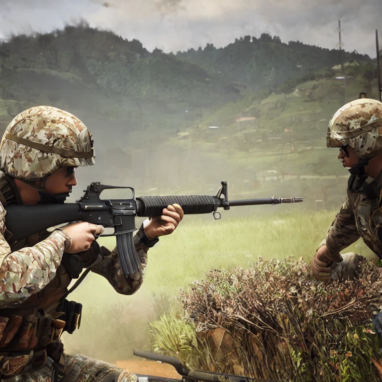 (masterpiece, best quality:1.2), solo, 1man, using an m16a2, city backdrop
