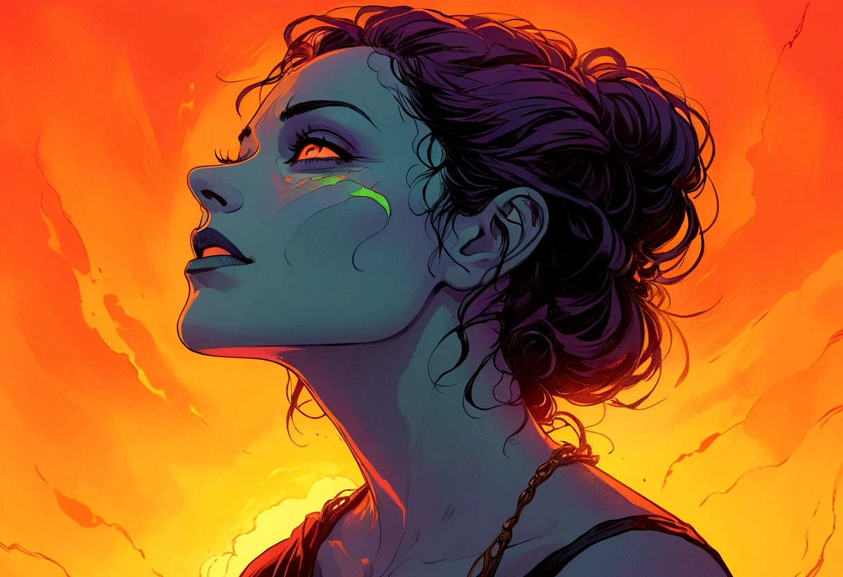 minimal, hand traced figure, 90's comic, thermal iridescence effect, rich warm color grading, splash page, ageless widow, maximal moody, tragically dark, difficult, jaded old soul, disarmingly touched by change, contradictory spirit, jarring soulful, fearless eccentric, wry subtle unknown smile, candid portrait, carefree, perfection, flawless, eternal ember, transient fragility, smoldering, empty wish for a different outcome, offbeat off-kilter, unsafe harbor, cruelest unjust twist, darkness consumes hope, ripped away too soon, aching void, abrupt taken, absence heartache, softness, maximal tragic beauty, pain preventing sunrise, encumbered, mental subliminal confines, gratitude, kindness as a weapon, nuanced meticulous traced, solace, sorrowful grace, despair beyond her ownership, inevitable fate, favored timeless, subliminal sorcery, piercing gaze, numb stare, digital entropy, electronic decay, unseen overwhelming maximal intensity, VHS, glitch, distorted, nostalgia, 90's retro, light mask uv rays across face, in memory, may cherished soul find peace
