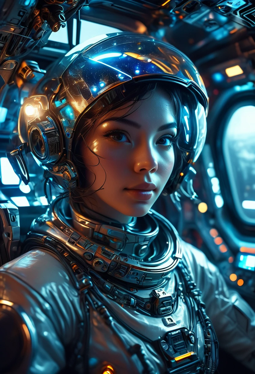 a futuristic astronaut in a space capsule, control panel, high-tech interior, metal and glass materials, atmospheric lighting, dramatic cinematic composition, intricate details, photorealistic, concept art style