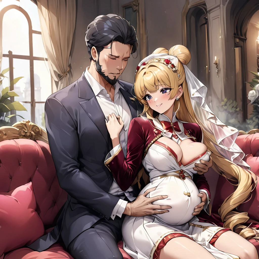 ((Highest quality)), ((masterpiece)), (detailed), (Perfect Face)、The woman is an Italian named Tsukino Usagi, and is wearing the gorgeous and glittering Italian traditional Sardinian costume in a luxurious Italian mansion, a lavishly decorated velvet jacket, a long veil, gorgeous jeweled accessories and an engagement ring. The woman and the man are sitting on a luxurious, large sofa in the luxurious room, and the woman is being embraced by a dignified, bearded middle-aged man wearing an Italian traditional costume, who is touching her breasts and groin and kissing her.、The woman is the elegant Tsukino Usagi, with long blonde hair in a chignon twin tail, wearing a velvet jacket decorated with the Italian national costume of Sardinia, and a long veil.、the woman is pregnant