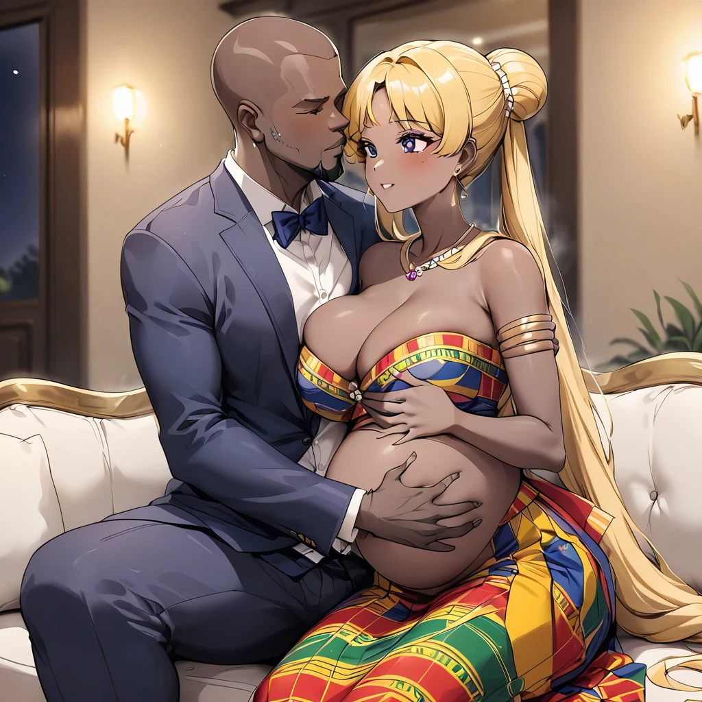 ((Highest quality)), ((masterpiece)), (detailed), （Perfect Face）、The woman is a Ghanaian black woman named Tsukino Usagi with vivid dark skin. She is wearing the gorgeous, colorful, glittering Ghanaian traditional kente dress in a luxurious Ghanaian mansion, and is wearing gorgeous jeweled accessories and an engagement ring. The woman and the man are sitting on a luxurious, large sofa in the luxurious room, and the woman is being embraced by a dignified, muscular, bearded, middle-aged Ghanaian man wearing Ghanaian traditional dress, who is touching her breasts and groin and kissing her.、The woman is the elegant Tsukino Usagi, with long blonde hair in a chignon twin tail, and a vivid dark-brown skin wearing the colorful Ghanaian national dress, Kente.、（The woman is a dark-skinned black Ghanaian.）、the woman is pregnant