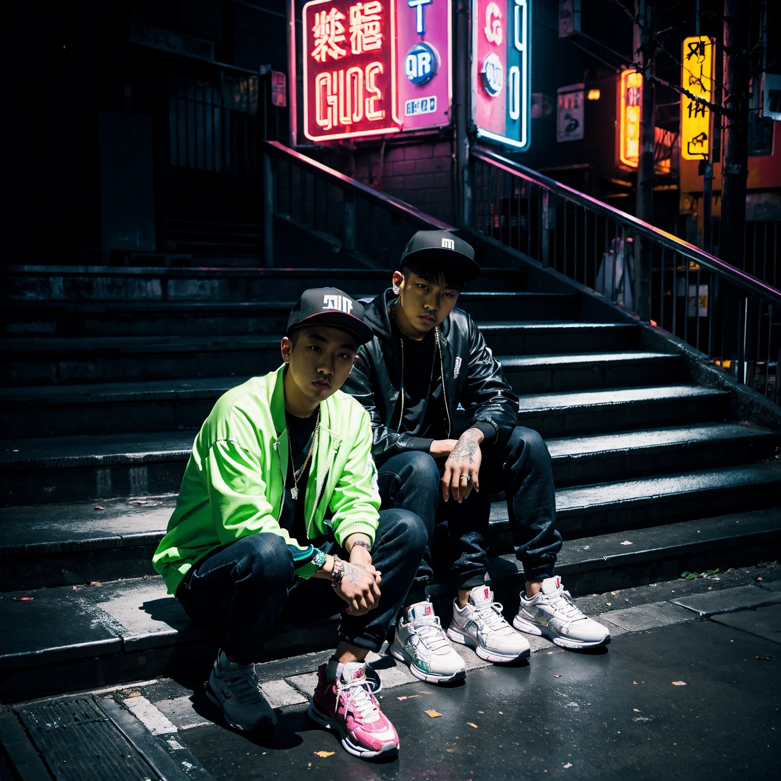 city street, night, neon light, stairs, (hip hop album cover art), (cover art), (asian rapper sitting on stair)