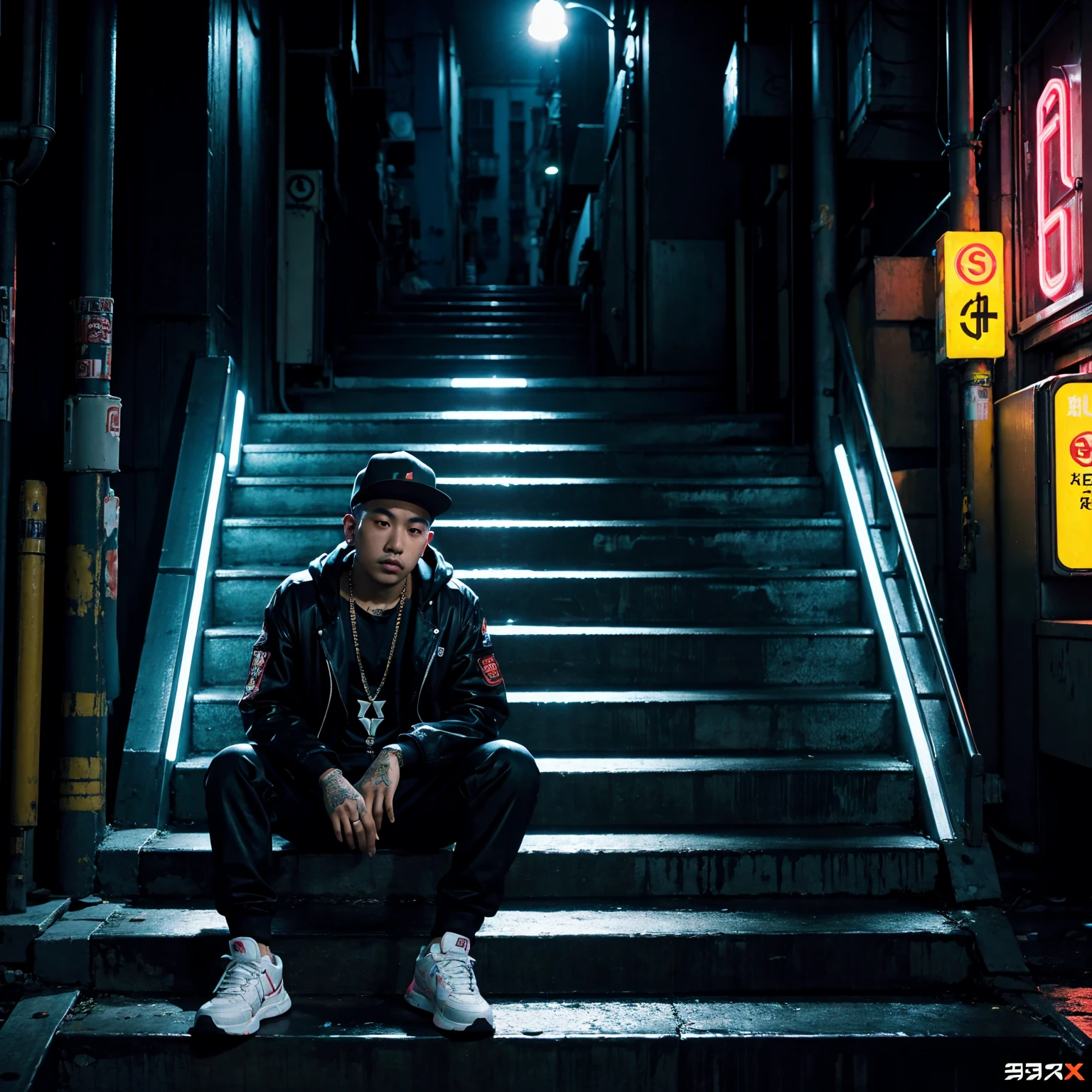 city street, night, neon light, stairs, (hip hop album cover art), (cover art), (asian rapper sitting on stair)