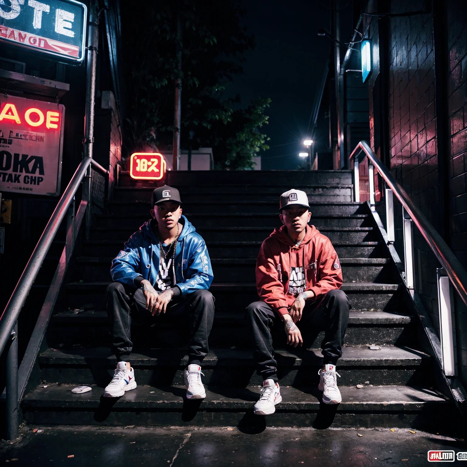 city street, night, neon light, stairs, (hip hop album cover art), (cover art), (asian rapper sitting on stair)