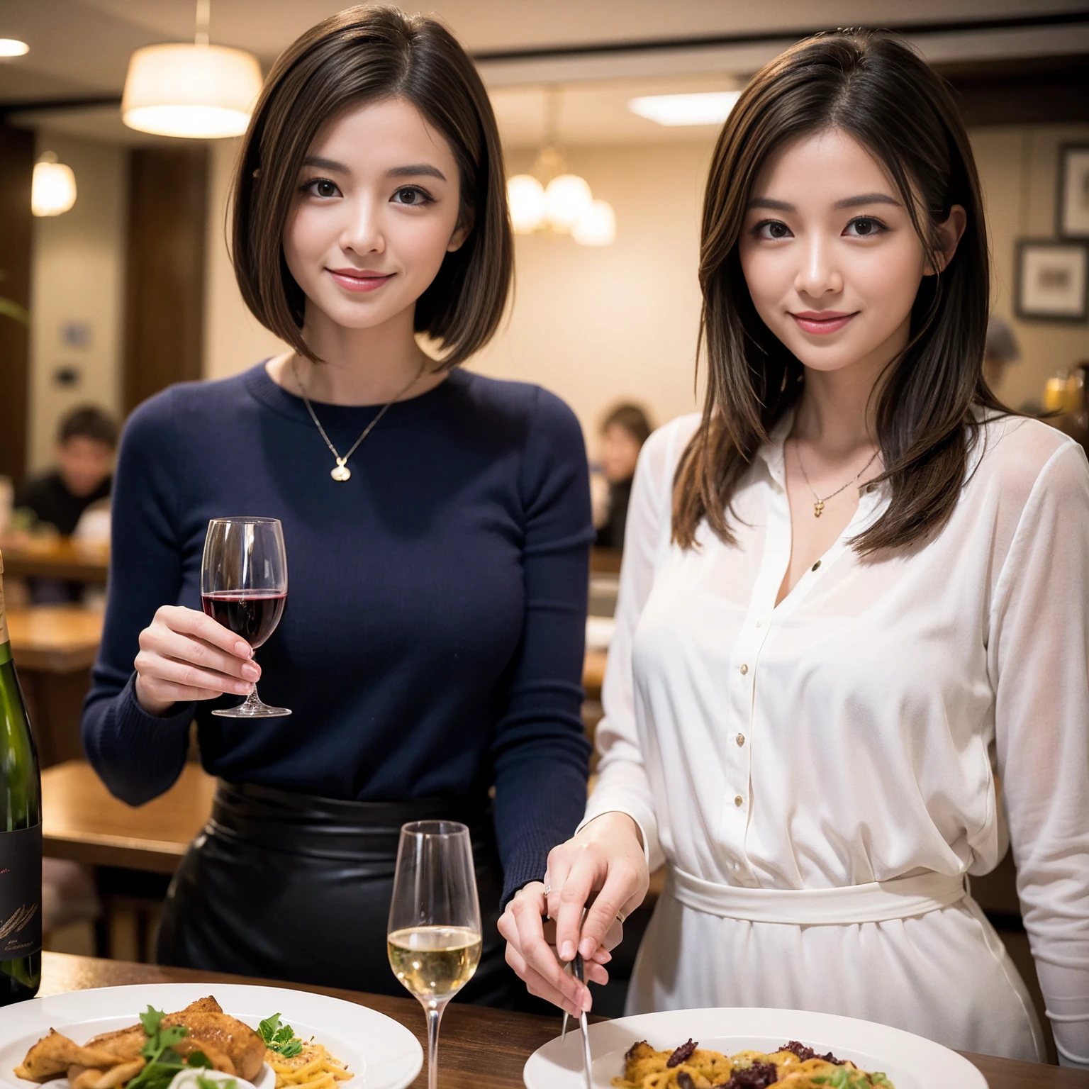 ((Highest quality、8K、masterpiece:1.3))、Yuuko Araki、slimカップル、Pink rubber、modelカップル、(Realistic, Intricate details:1.2), full-course dinner、Wine Party、Amazing view of the sunset sky and clouds、A bright smile、The wonderfulness of smile、Bright image、The beauty of wine, Beautiful Face, blue eyes, The light shines on your face, Blushing, short hair,Bright Face、 (Age 37), 39 years old, red wine 、Appetizers、Italian food、Wine bottle、Champagne、sparkling wine、Two beauties、Brown Hair、Shortcuts、Long sleeve shirt、dress、Beautiful woman 1, (slimな顔), (The body is slim), (Brown Hair), (Shortcuts), cheeks turn a little red,Attractive beauty、restaurant, In a prominent place (From the waist up) Nova Frog Style, actress, model, Upper Body, White wine, slim, wine glass, 中央に置かれたwine glass, smile, (smile: 1.15), Beautiful fine grain, Depth f/2,saturation, High Contrast, Strong light and shadow,Moist Body:1.5、3D texture、Delicate eyes、Brown Hair、The hair is very shiny、