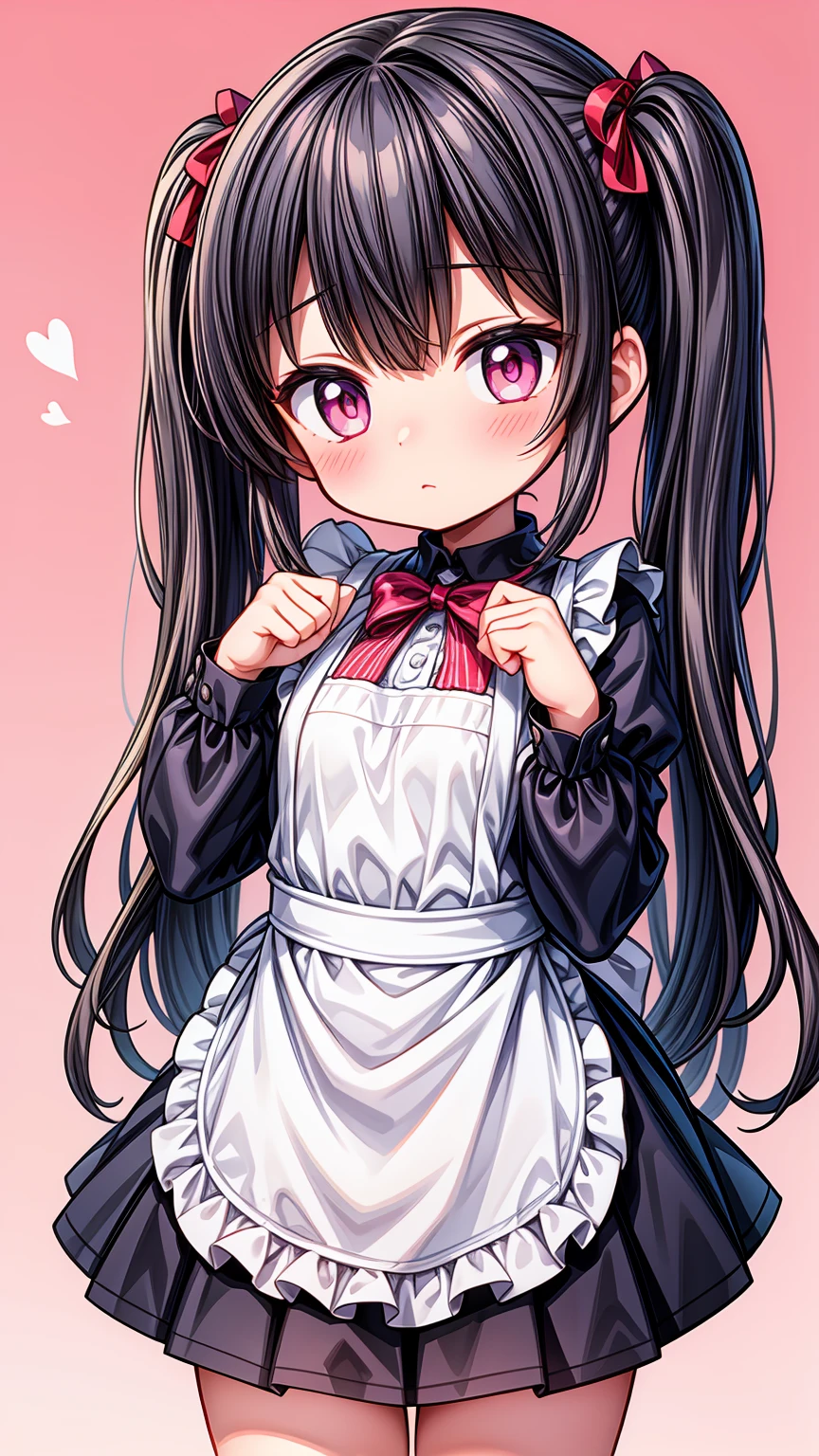 (8K, Highest image quality, highest quality, masterpiece), detailed face, (()), ((girl)), (little curve), black hair, short twintails, pink eyes, ((very small bust)), (flat bust), (naked apron), cowboy shot, put your hand on your mouth, kitchen background, ((very blushing)), ((detailed hands and fingers)), viewer perspective from below, (blush)